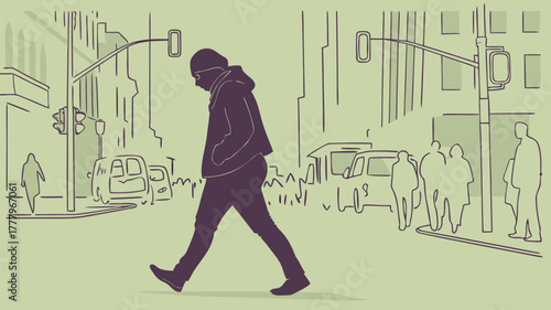 A stylized illustration of a person crossing a city street with buildings and traffic lights around them