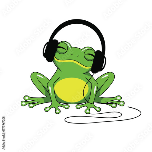 Frog Listening to Music with Headphones Cartoon Illustration