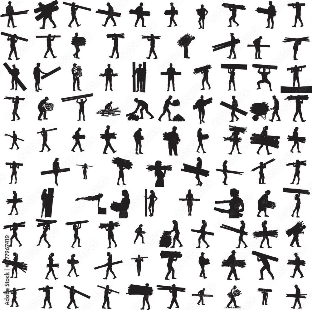 Naklejka premium Silhouette of a worker carrying wooden boards isolated on white background