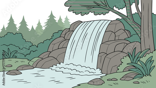 Cartoon waterfall flowing over rocks into a calm river