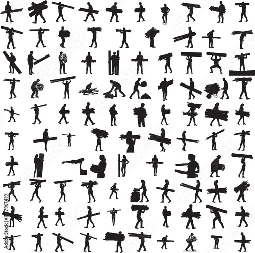 Silhouette of a worker carrying wooden boards isolated on white background