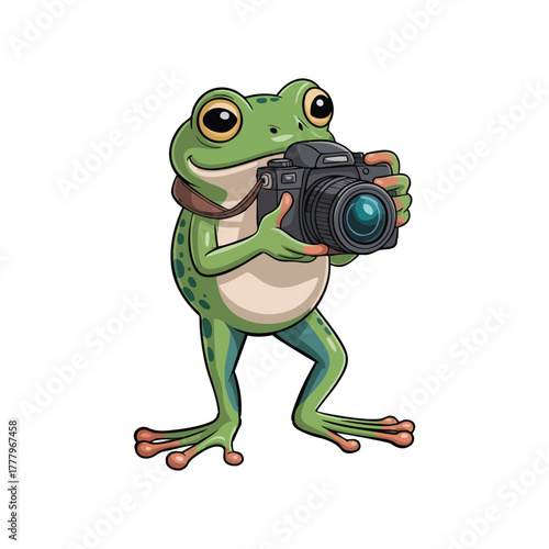 Cute Frog Holding Camera Cartoon Illustration