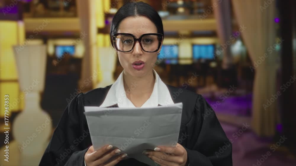 Hispanic woman in judge uniform reading document in elegant hotel interior, conveying a sense of professionalism and focus amidst the stylish environment.