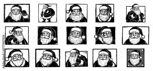 Vintage Santa Claus portrait avatar set hand drawn woodcut panels monochrome vector collection