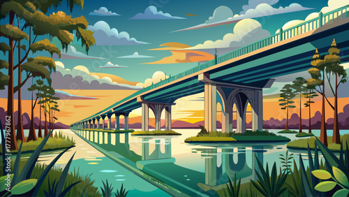 Very beautiful view from below the Atchafalaya Basin Bridge, also known as the Louisiana Airborne Memorial Bridge, carrying Interstate 10 between Baton Rouge and Lafayette, surrounded by lush wetlands