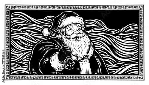 Grand vintage Santa Claus banner with flowing beard waves and greek key border woodcut vector