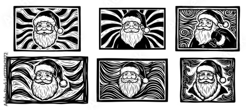 Retro Santa Claus portrait panels with swirling lines woodcut style monochrome vector set