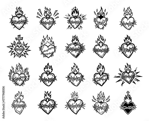 Sacred Heart tattoo style vector set Hand drawn collection of religious flaming heart symbols