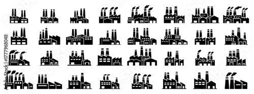 Factory and industrial building icon set Vector collection of power plant and industry silhouettes