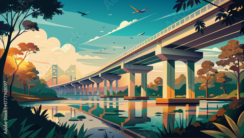 Very beautiful view from below the Atchafalaya Basin Bridge, also known as the Louisiana Airborne Memorial Bridge, carrying Interstate 10 between Baton Rouge and Lafayette, surrounded by lush wetlands