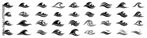 Stylized sea wave vector icon set Collection of ocean water and surf symbols