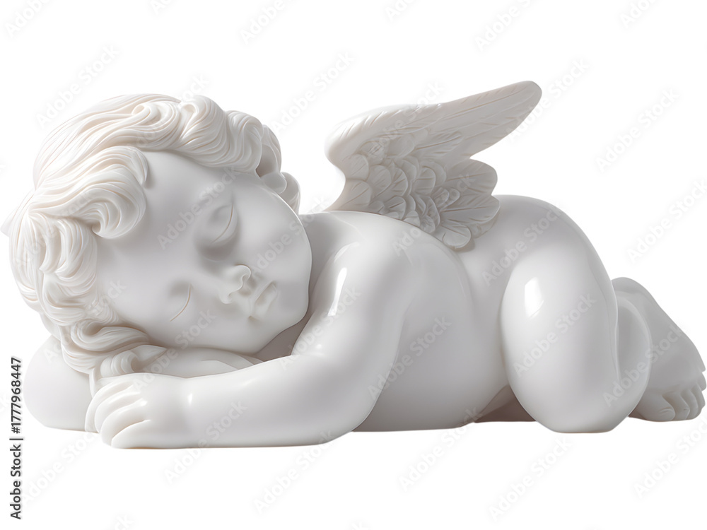 Obraz premium White angel sculpture sleeping isolated on transparent background, perfect for decor or religious visuals.