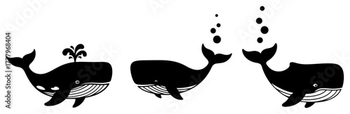 Cute cartoon whale vector icon set Simple sea animal silhouette collection