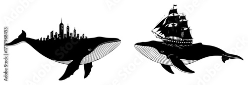 Surreal vector illustration of fantasy whales with a city and a vintage ship on their backs Creative marine animal silhouettes