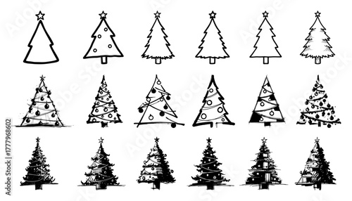 Christmas tree icons set hand drawn outline fir spruce decorated vector collection