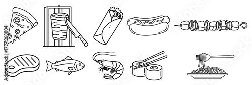 Street food and fast food icons set pizza kebab taco hotdog sushi noodles line art vector collection