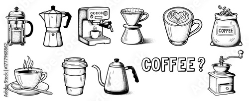 Vintage coffee equipment sketch collection Vector set of hand drawn cafe elements and icons
