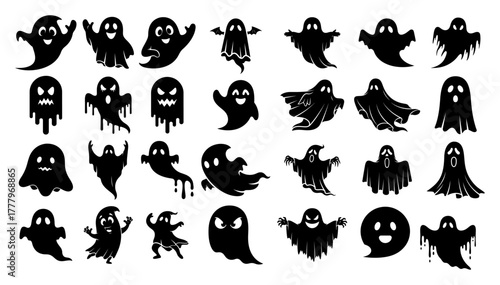 Large collection of cartoon ghost silhouettes for Halloween design Spooky and cute phantom characters vector set