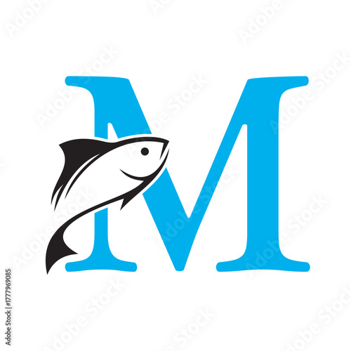 Initial Fish Logo combine with letter M vector template