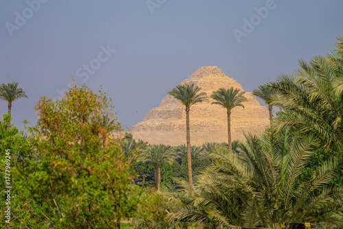 Obraz na plátně Step Pyramid of Djoser framed by lush palm trees in Saqqara, Egypt