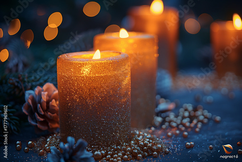 Three candles are lit and placed on a table. Christmas, New Year, Cyber Monday, sale, purchase, black friday