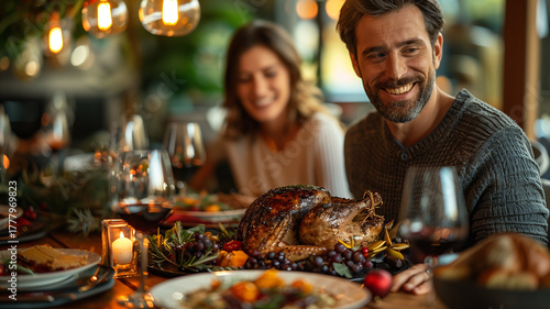 A man and woman are sitting at a table with a large turkey in the middle. Christmas, New Year, Cyber Monday, sale, purchase, black friday