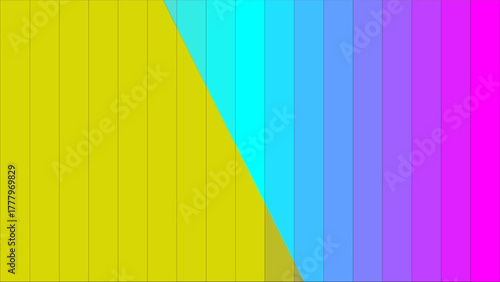 Abstract geometric pattern with a diagonal split, featuring vertical yellow stripes on one side and a vibrant color gradient from cyan to magenta on the other.