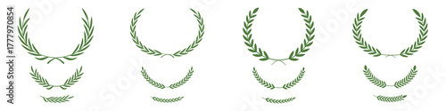 Laurel wreath vector icon set. Laurel wreath symbol in green leaves vector illustration for victory and honor design elements. Tree branch wreath. Decorative logo element. Floral wreath collection.