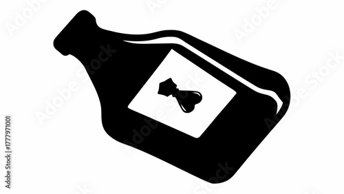 Black silhouette of a bottle with a label showing a skull and crossbones symbol on white background