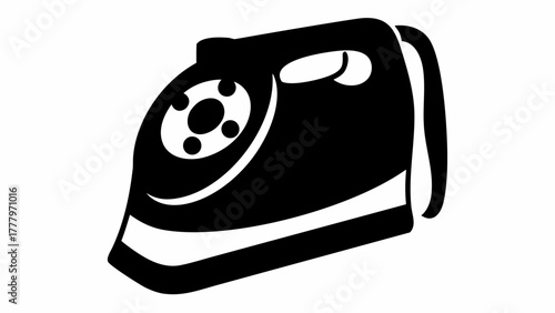 Illustration of a black and white electric iron with visible temperature control and handle design