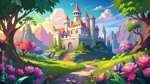 A majestic fairytale castle surrounded by lush greenery and colorful blooming flowers, gentle sunlight reflecting on the stone walls, creating a magical spring atmosphere full of life and beauty