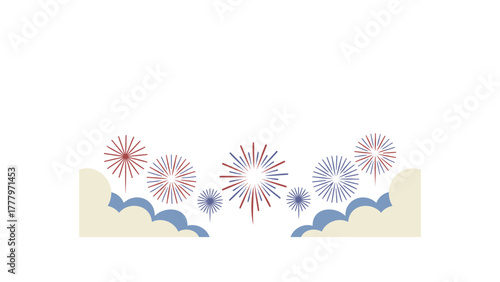 Vibrant abstract fireworks explode in a celebratory display over stylized blue waves and a pale yellow horizon