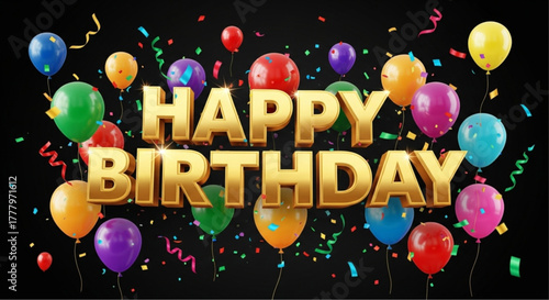 A festive celebration with vibrant balloons, sparkling confetti, and golden letters. HAPPY BIRTHDAY words on the image to spread joyful moments. vector illustration