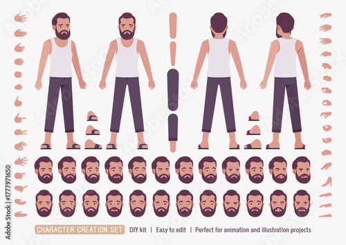 Middle aged man in home casual relaxed wear DIY character creation set, bearded guy sleeveless wifebeater undershirt body figure parts. Head, leg, hand gestures construction kit. Vector illustration