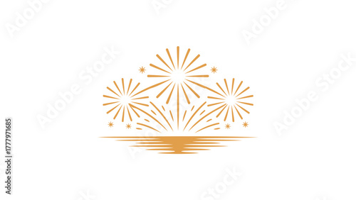 Abstract golden sunburst or fireworks exploding over a shimmering water reflection on white background