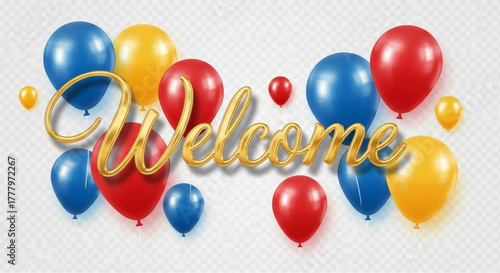 A vibrant, festive greeting, Welcome, floats amidst a cluster of colorful balloons, embodying a spirit of celebration and warmth. vector illustration