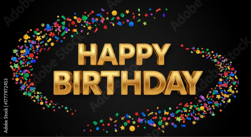 A radiant golden Happy Birthday text, adorned with a festive cascade of colorful confetti against a sleek backdrop, is the perfect invitation to a celebratory and joyful occasion. vector illustration