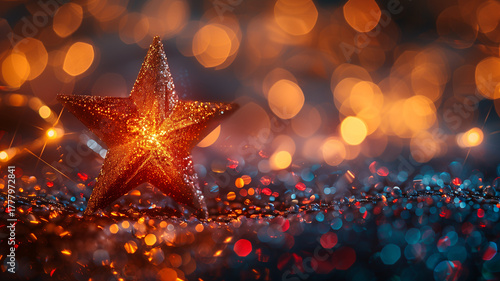 A red star is on a blue and purple background. Christmas, New Year, Cyber Monday, sale, purchase, black friday