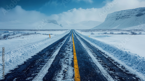 A road with snow on it and a yellow line. Christmas, New Year, Cyber Monday, sale, purchase, black friday