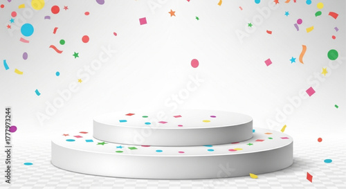A minimalist design showcases an empty podium stage, showered with colorful confetti, symbolizing celebration, achievement and success. vector illustration