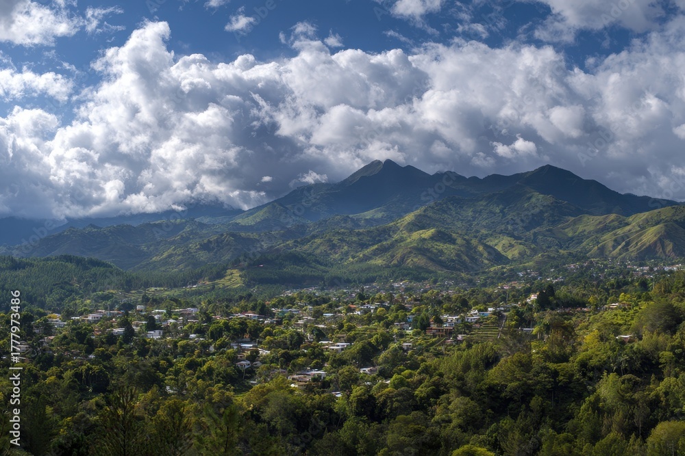 Fototapeta premium Breathtaking Jarabacoa Landscape: Majestic Mountains Under a Cloudy Sky in a Summer Panorama