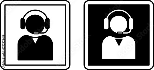 Information Signs. Black and White Vector Icons. Person with Headphones and Microphone. Help Desk, Hotline, Patient Assistance. Hospital Department Sign