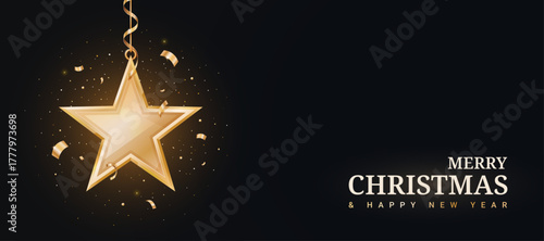 Christmas golden star with confetti and glitter isolated on a black background. Glowing realistic 3D star. Golden luxury Christmas background. Vector illustration