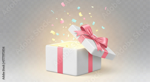 An open gift box with a pink bow and colorful confetti, symbolizing joy and anticipation. A burst of light emanates from within, creating a sense of surprise and excitement.  vector illustration