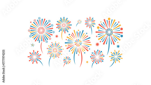 Vibrant explosion of colorful abstract fireworks bursting in a festive celebration against a clean white background