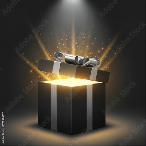 An enchanting gift box, with a silver ribbon, radiates a captivating glow, set against a dark backdrop and a spotlight. vector illustration