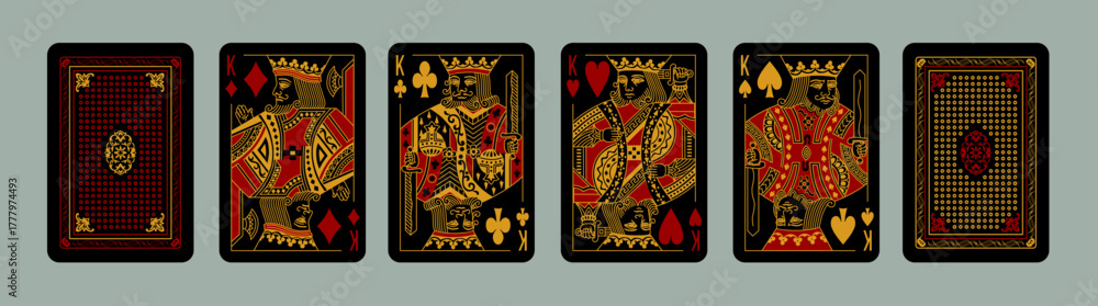 Fototapeta premium Playing Poker cards set. Four Kings suits of Hearts, Spades, Clubs, Diamonds. Face and back side. Dark Black design. Printable vector gambling cards isolated on background. 