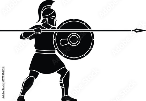 Roman and medieval infantry soldiers in silhouette. Ancient battle warrior vector illustration icon. 