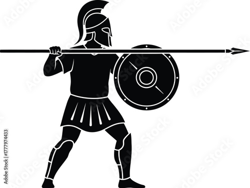 Roman and medieval infantry soldiers in silhouette. Ancient battle warrior vector illustration icon. 