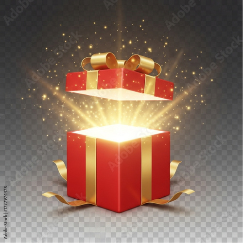 A glowing red gift box, radiating with golden light, symbolizes surprise, celebration, and the anticipation of something special. vector illustration